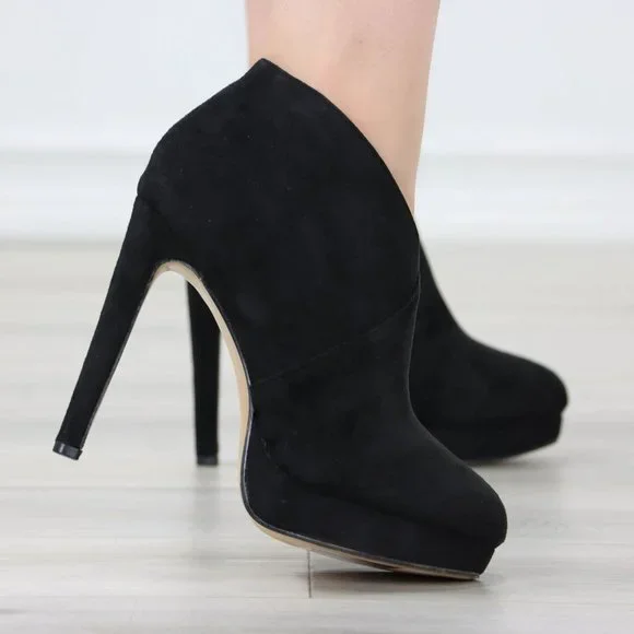 Black High Heel Platform Ankle Boots Stilettos Faux Suede - Picture 6 of 12